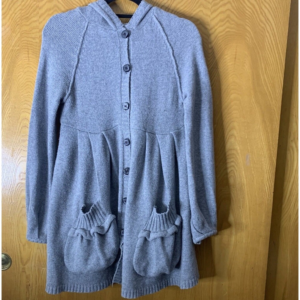 Womens Size Small Gray Button Up Cardigan Hooded Pockets Sweater Wool Blend READ